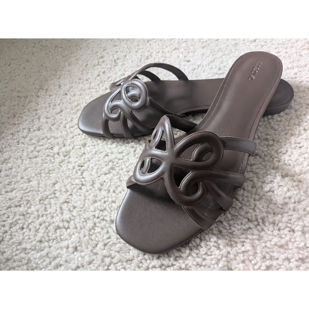 NIB Maeve Anthropologie Logo Dark Brown Leather Slide Sandals Sz 9 - Picture 3 of 10